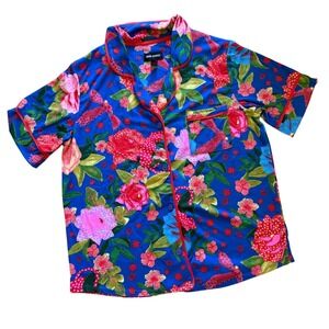 Room Service Pajama Top Womens Blue Tropical Floral Leopard Print Button Medium